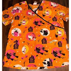 Hello Kitty Halloween Scrub Top Orange Mock Wrap Sanrio Medical Uniform Medium